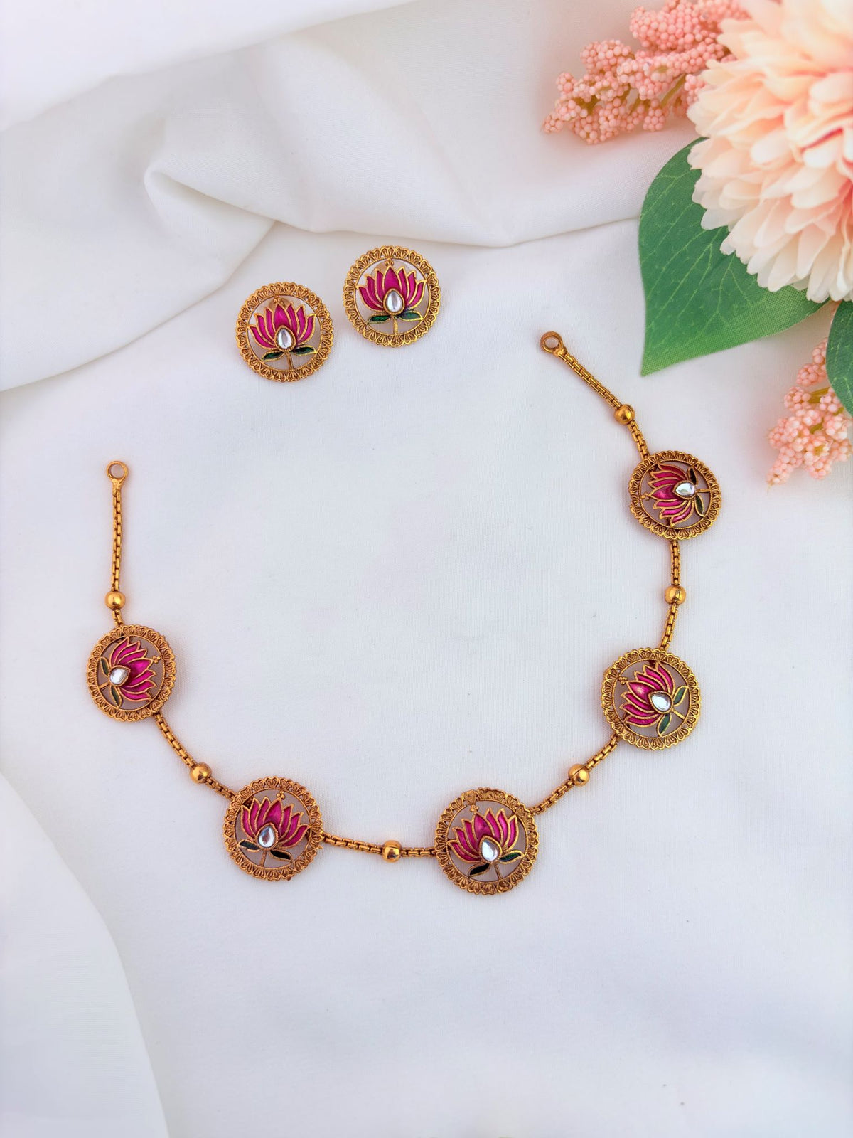 Matte finish lotus design neckset in enamel detailing