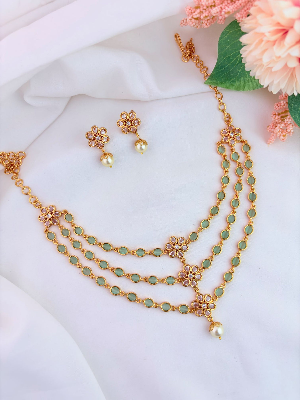 Premium microgold finish three layer neckset with matching earrings