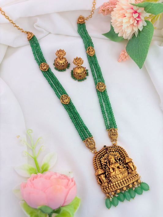 Traditional lakshmi pendant beaded haram with matching jhumka