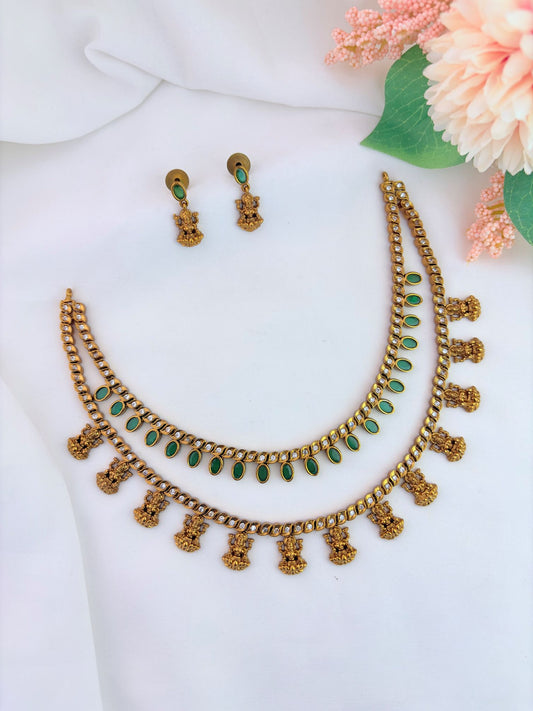 Premium matte two layer lakshmi pendant neckset with matching earrings