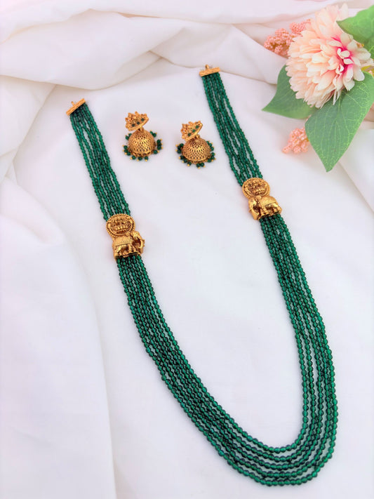 Elegant five line green beads haram with matching jhumka