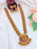 Traditional lakshmi pendant haram and jhumka adorned with golden beads