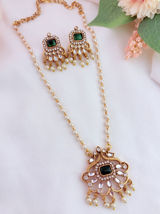 Matte finish pearl chain with matching earrings