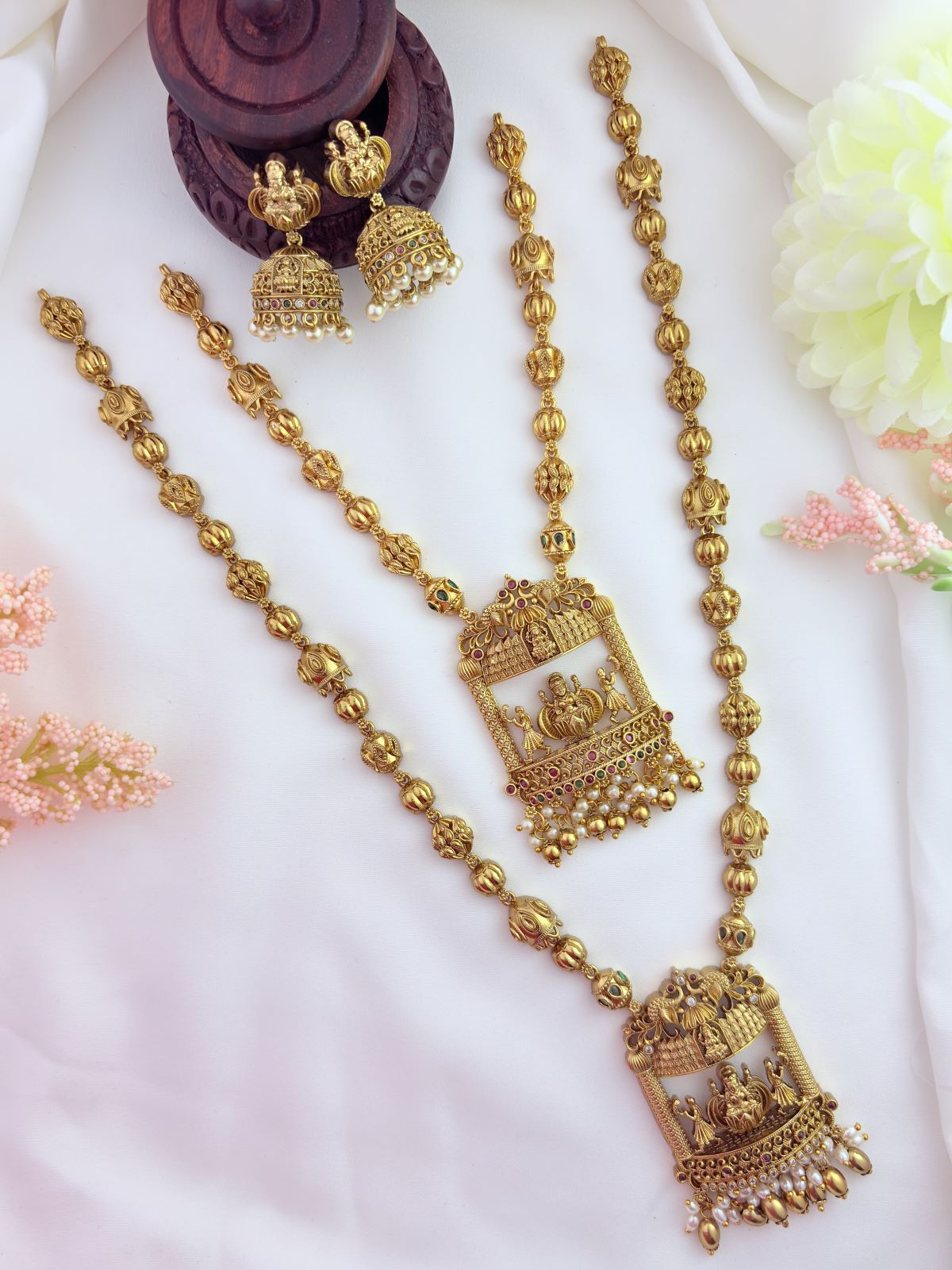 Temple jewellery - Premium matte finish laskhmi pendantcombo set adorned with golden and pearl drops