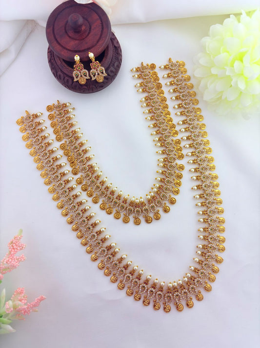 -Tradition in modern elegance - Lakshmi coin and mango motif in single design beautifully crafted with AD stones and pearls