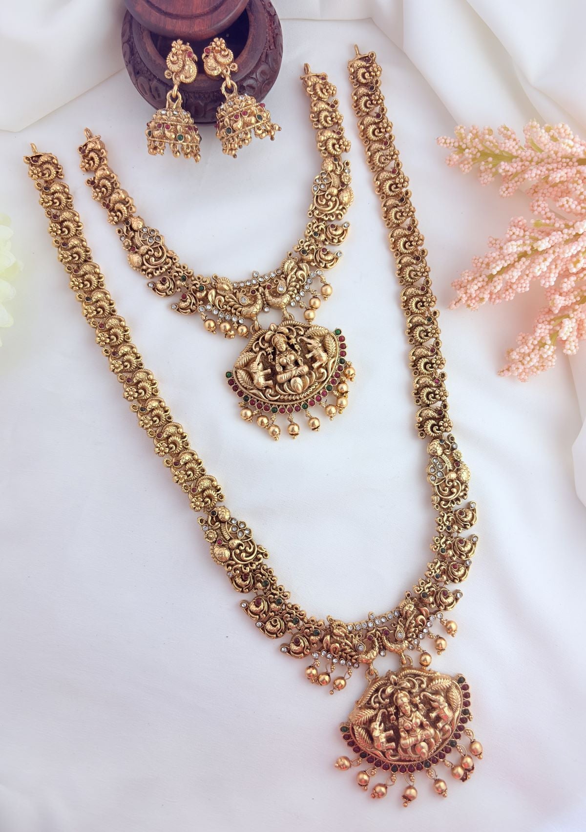 Temple jewellery - Matte finish combo set beautifully adorned with AD stones and pearl drops