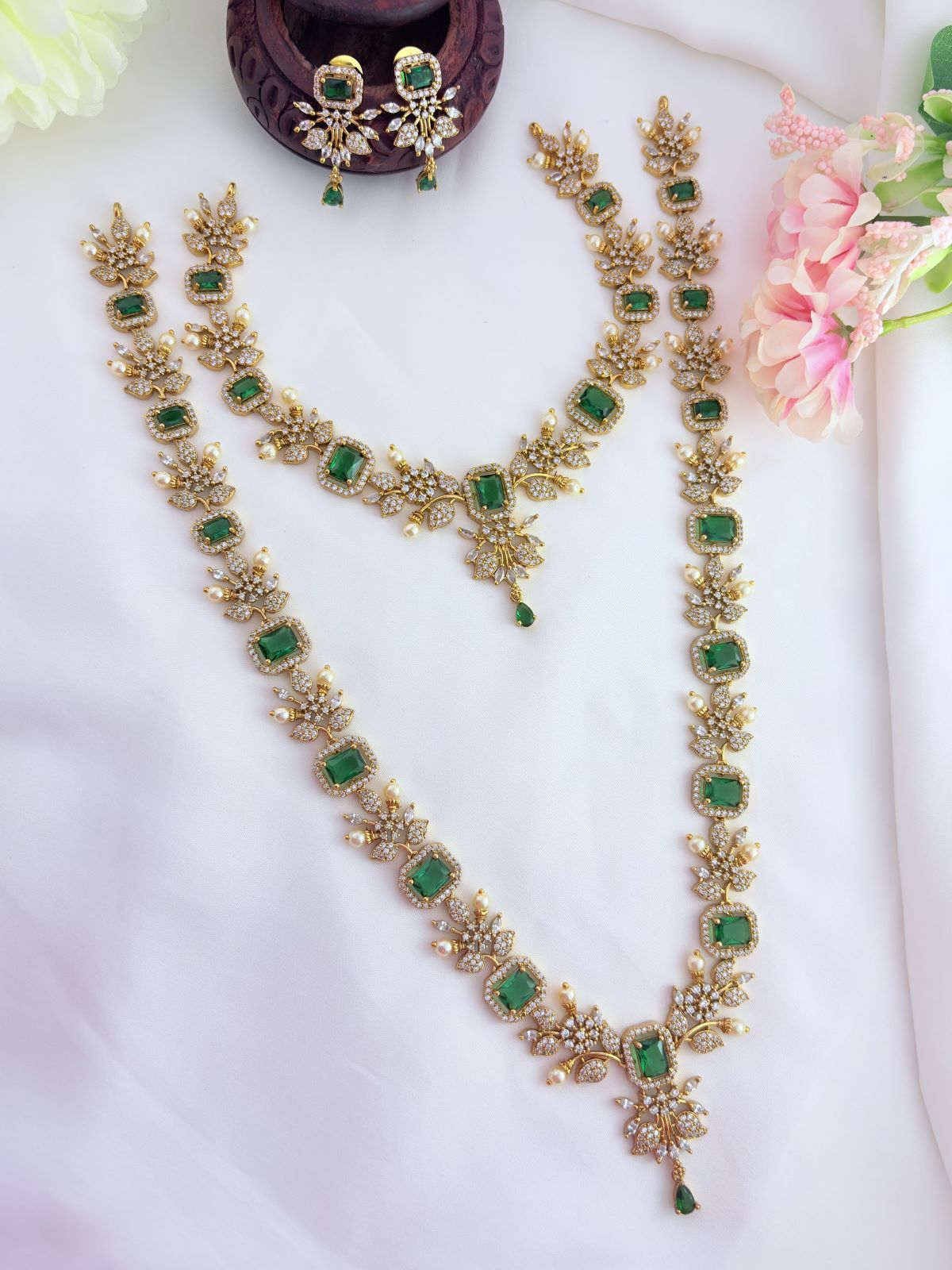 Elegant combo set featuring vibrant AD stones, pearls in premium matte finish