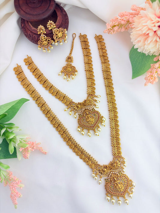 Traditional Kaasu Mala Pattern Combo Set with matching earrings and tikka