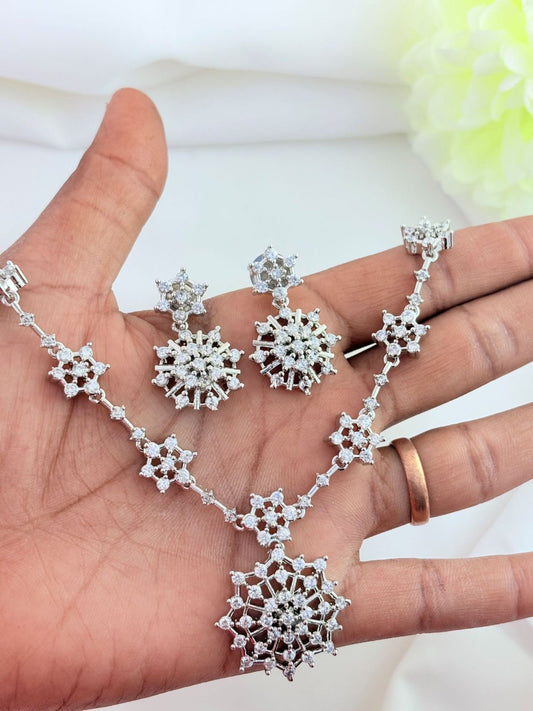 Premium silver polish neckset with matching earrings beautifully crafted with AD stones