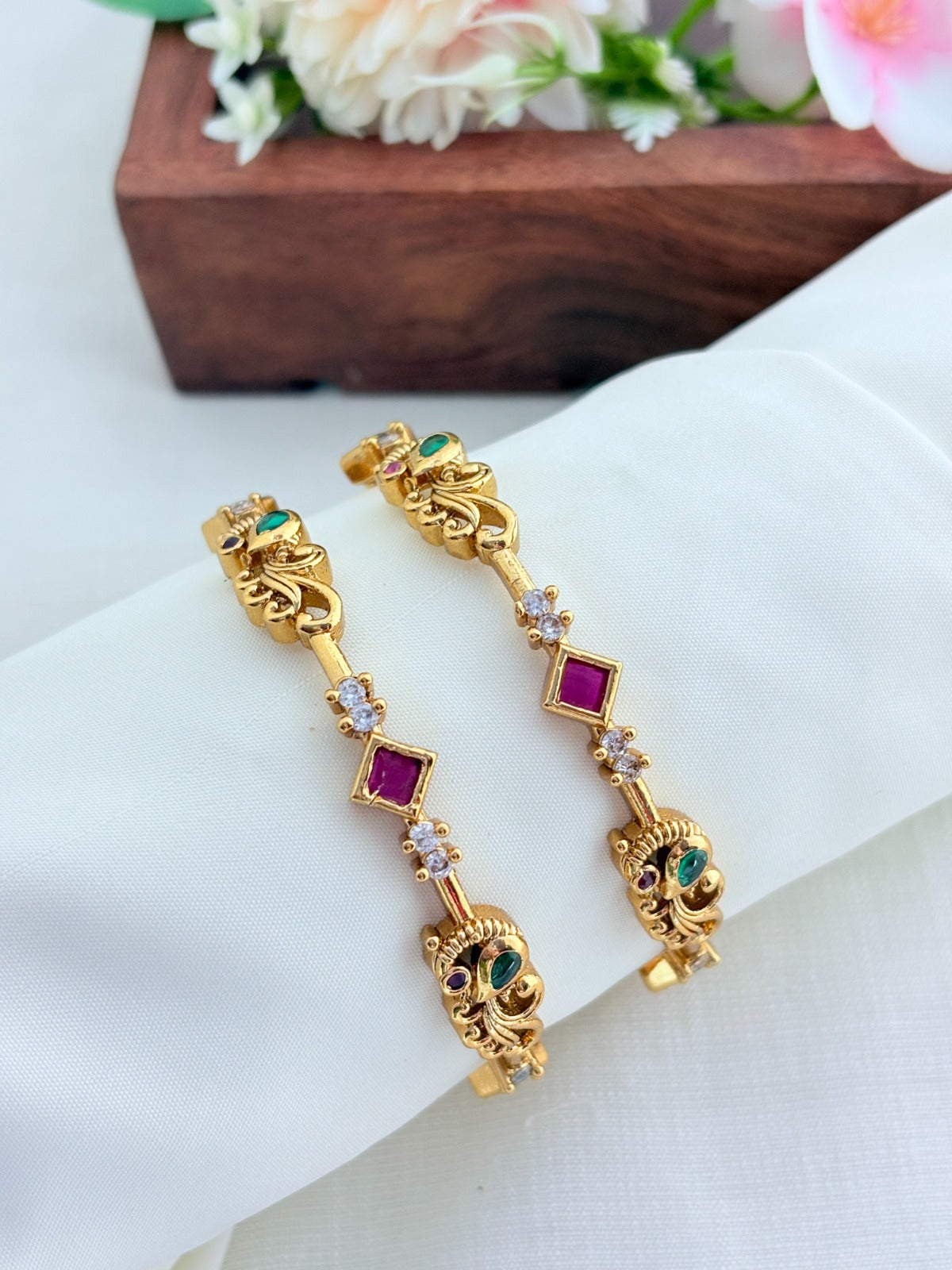 Traditional peacock design premium matte finish bangle and vibrant stone accents