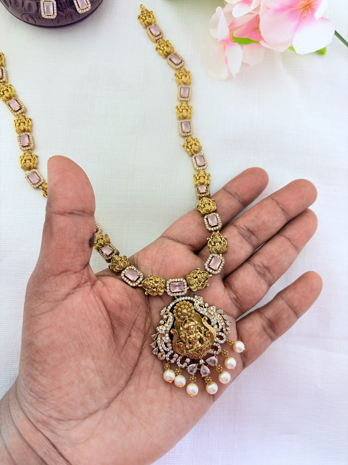 Temple jewellery - Premium matte finish Lakshmi pendant haram with stones and pearl drops