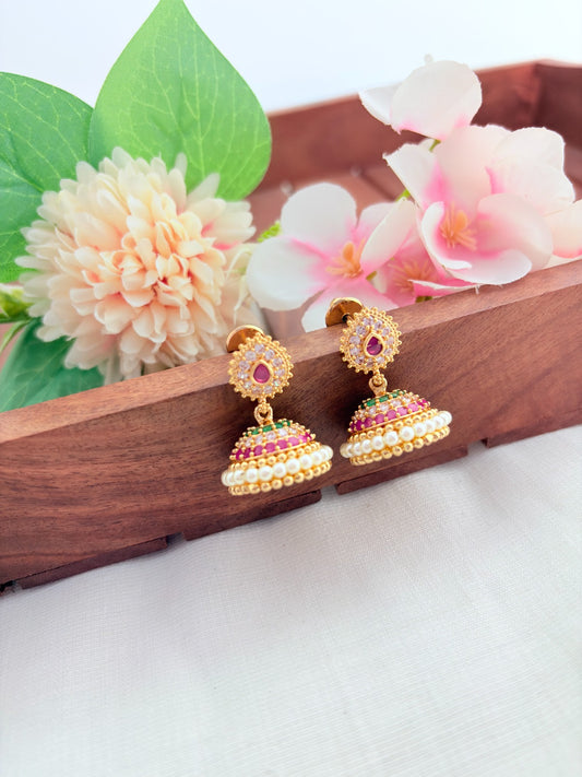 Premium matte finish jhumka beautifully crafted with classic AD stones and pearls
