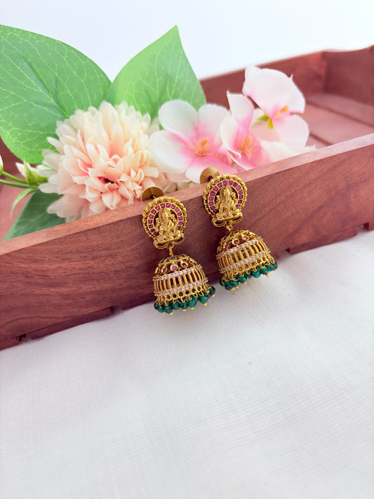 Premium matte finish temple jhumka beautifully designed with stones and green beads