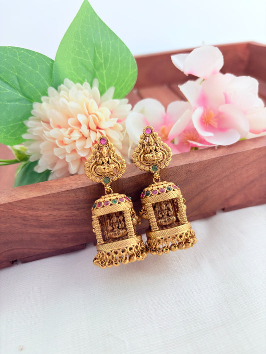 Premium matte finish temple jhumka, beautifully crafted with Lakshmi motif and graceful golden beads