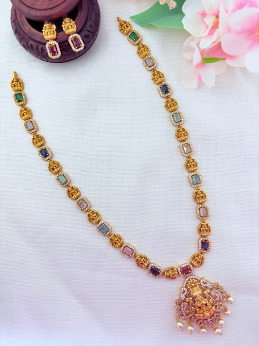 Temple jewellery - Premium matte finish Lakshmi pendant haram with stones and pearl drops