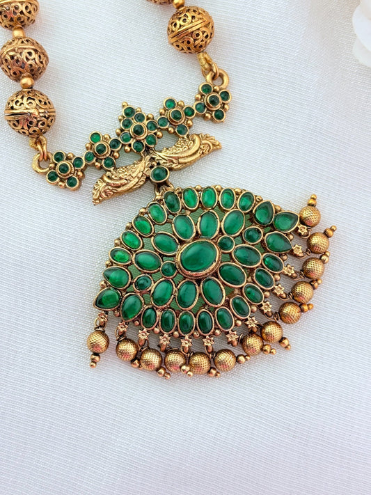 Anitque finish haram with traditional elegance -Classic beads middle haram with matching earrings