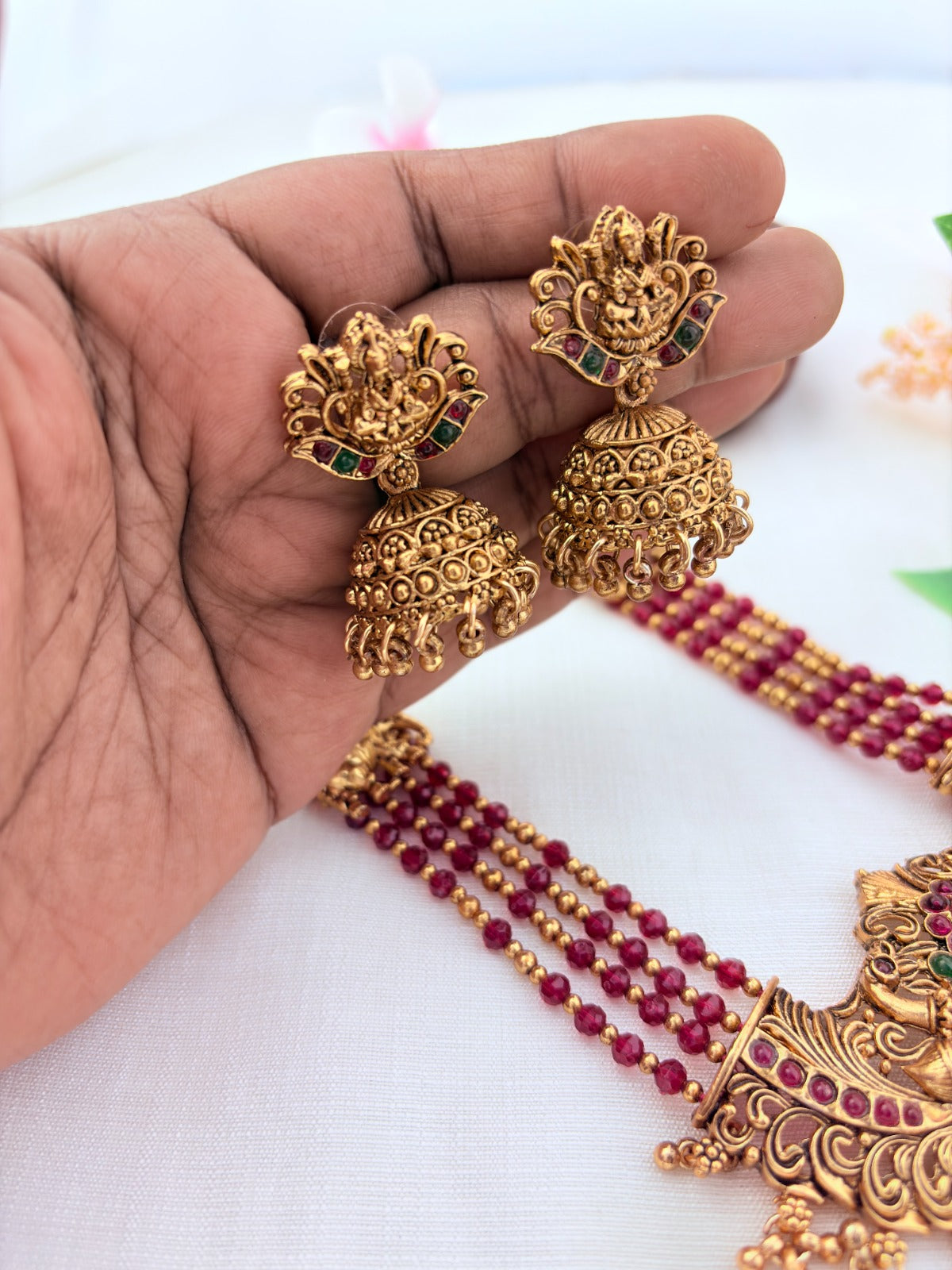 Premium matte finish peacock and Lakshmi pendant pearl haram with beads