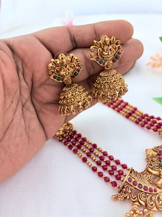 Premium matte finish peacock and Lakshmi pendant pearl haram with beads