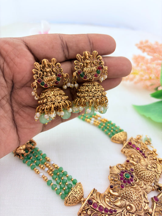 Premium matte finish peacock and Lakshmi pendant pearl haram with beads