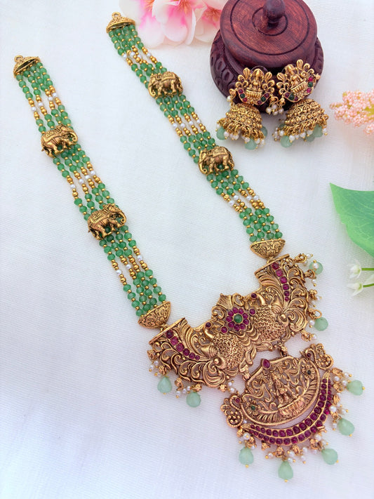 Premium matte finish peacock and Lakshmi pendant pearl haram with beads