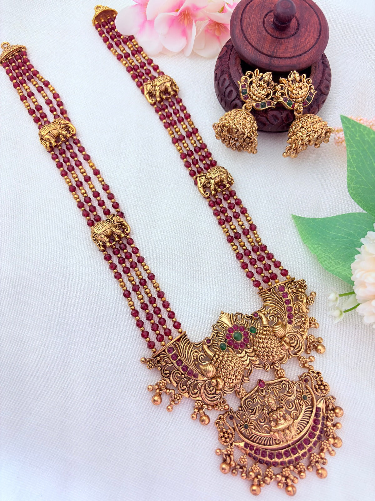 Premium matte finish peacock and Lakshmi pendant pearl haram with beads