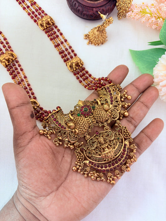 Premium matte finish peacock and Lakshmi pendant pearl haram with beads