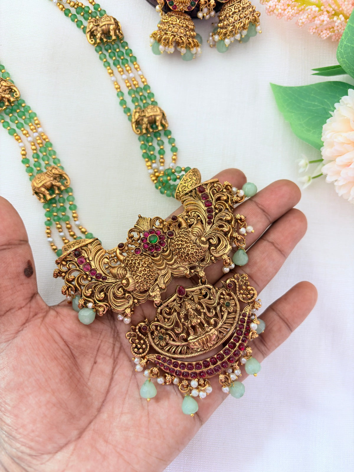 Premium matte finish peacock and Lakshmi pendant pearl haram with beads