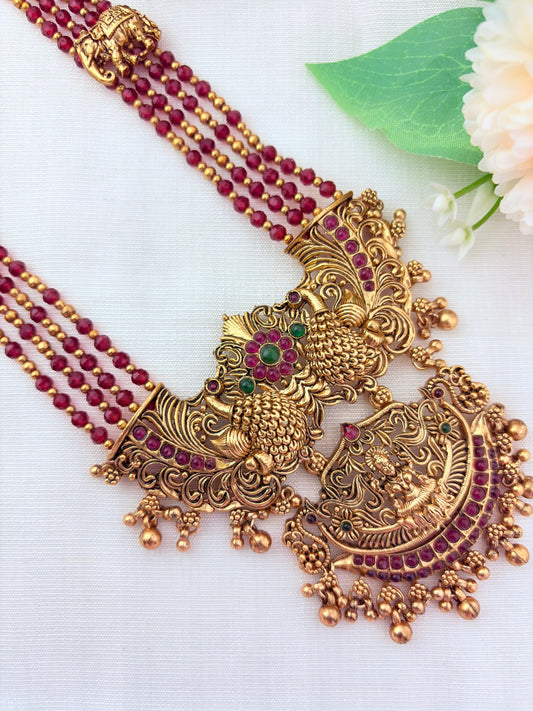 Premium matte finish peacock and Lakshmi pendant pearl haram with beads