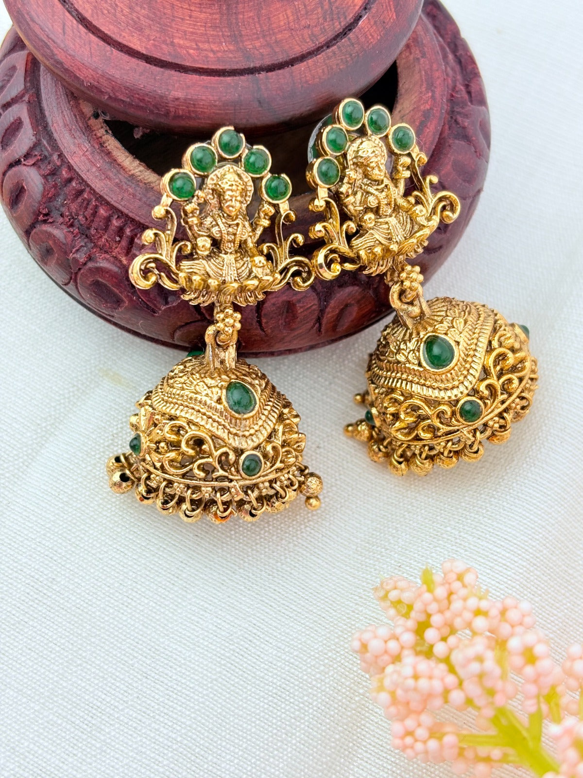 Matte finish Laskhmi coin haram with pendant and matching jumkha adorned with classic stones and golden beads