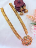 Matte finish Laskhmi coin haram with pendant and matching jumkha adorned with classic stones and golden beads