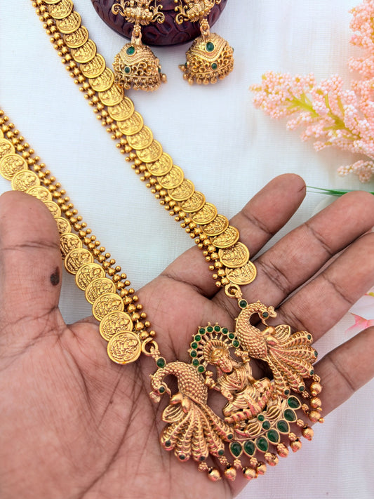 Matte finish Laskhmi coin haram with pendant and matching jumkha adorned with classic stones and golden beads