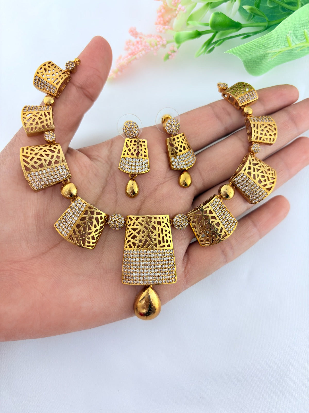 Premium stylish AD stone matte finish neckset with matching earrings