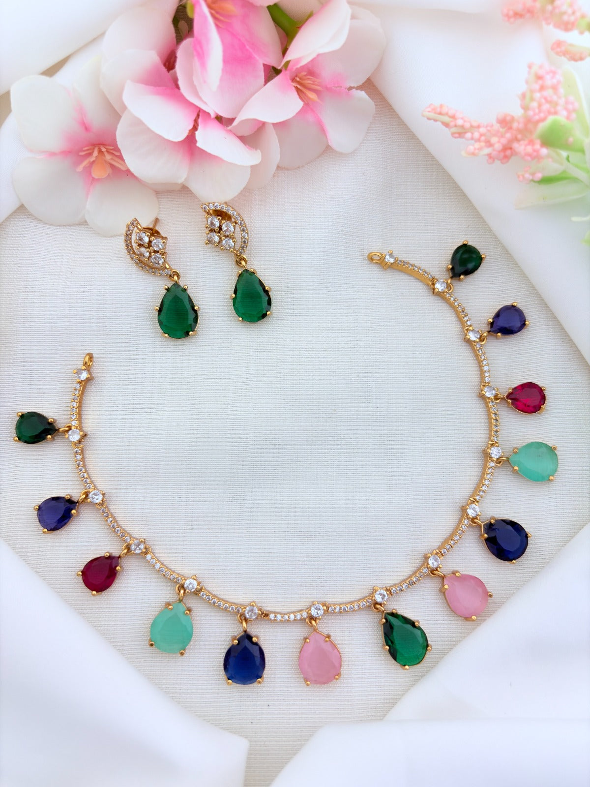 Style in modern tradition  - Multi color Premium matte finsih necklace and earrings enhanced with classic stone drops