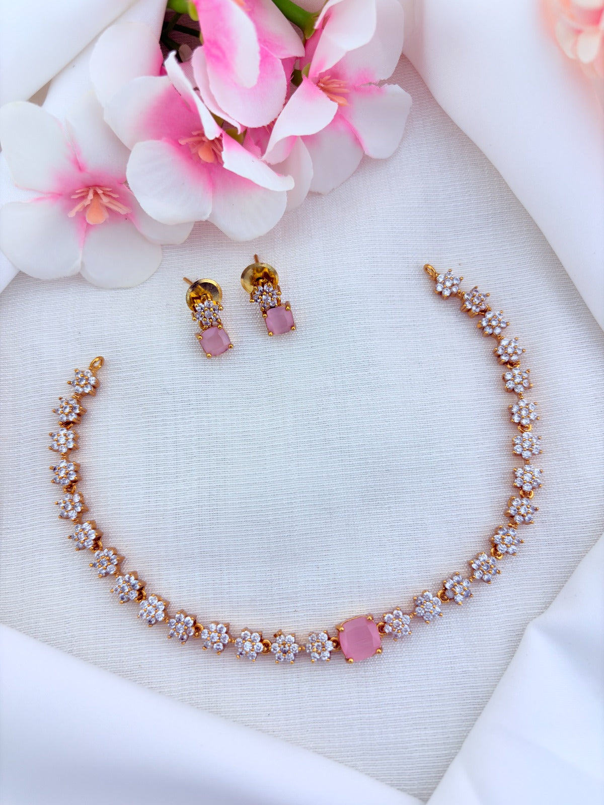 Premium matte finish floral pattern necklace beautifully crafted with AD stones