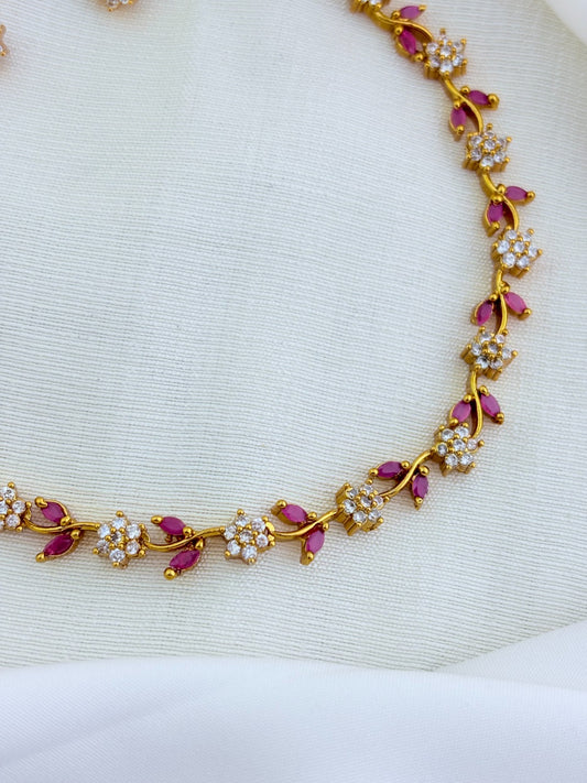 Premium matte finish neckset featuring floral and leaf motifs in a single design, adorned with AD & CZ stones and matching earrings