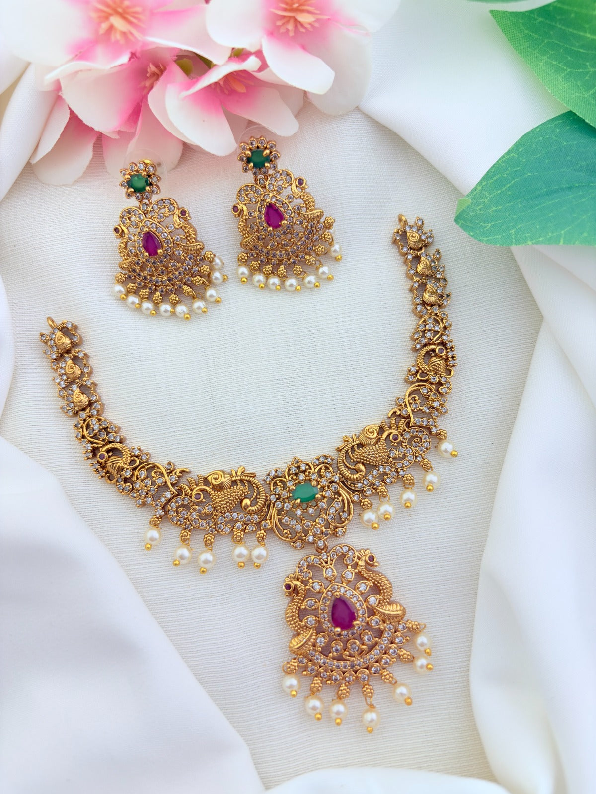 Modern stylish pattern premium quality matte finish necklace beautifully designed with AD stones and pearl drops