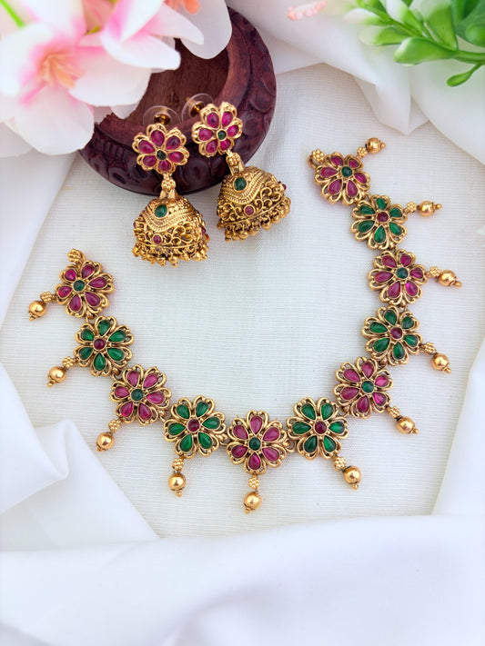Matte finish floral pattern neckset and jhumka adorned with classic stones and golden beads