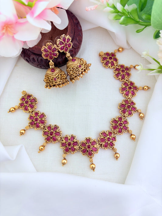 Matte finish floral pattern neckset and jhumka adorned with classic stones and golden beads