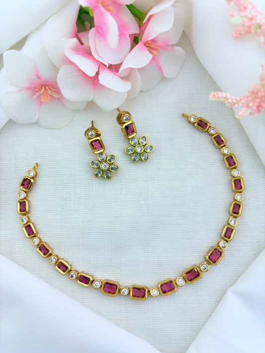 Elegant premium matte finish AD stone necklace with matching earrings