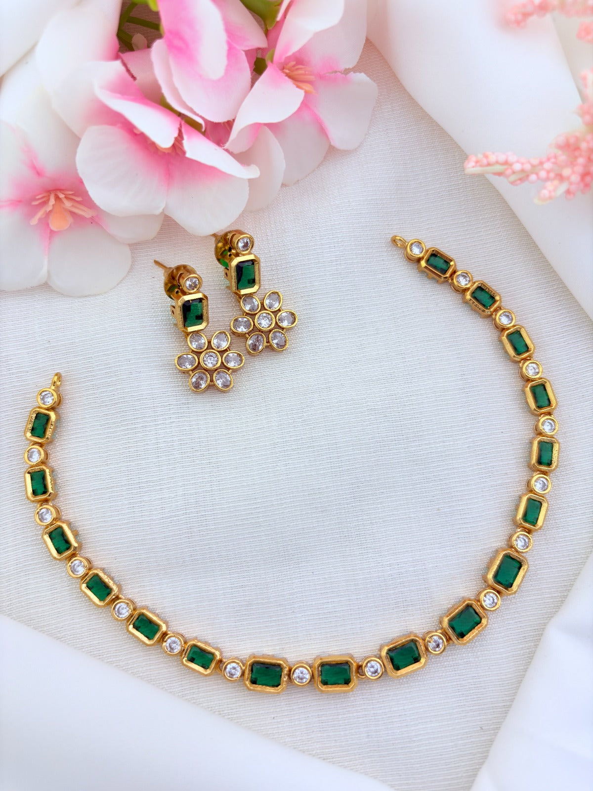 Elegant premium matte finish AD stone necklace with matching earrings