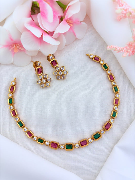 Elegant premium matte finish AD stone necklace with matching earrings