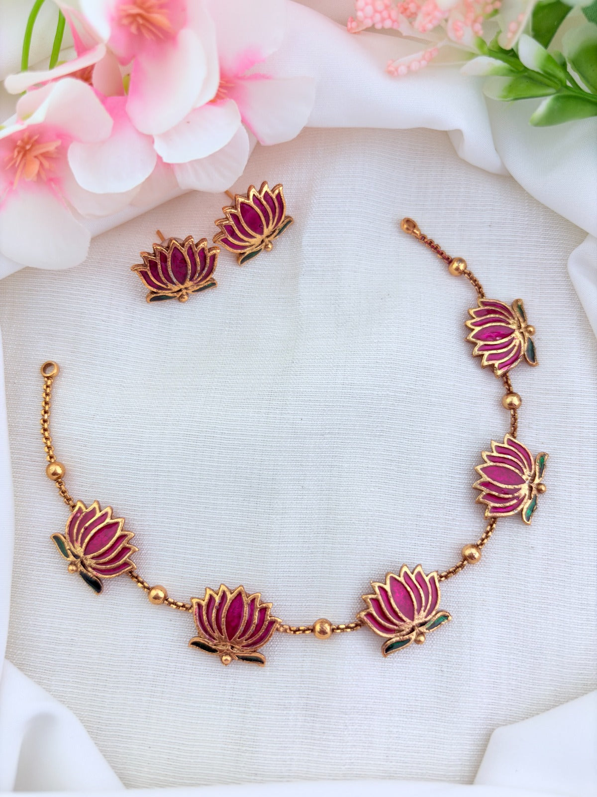 Manju warrier inspired lotus necklace with matching earrings
