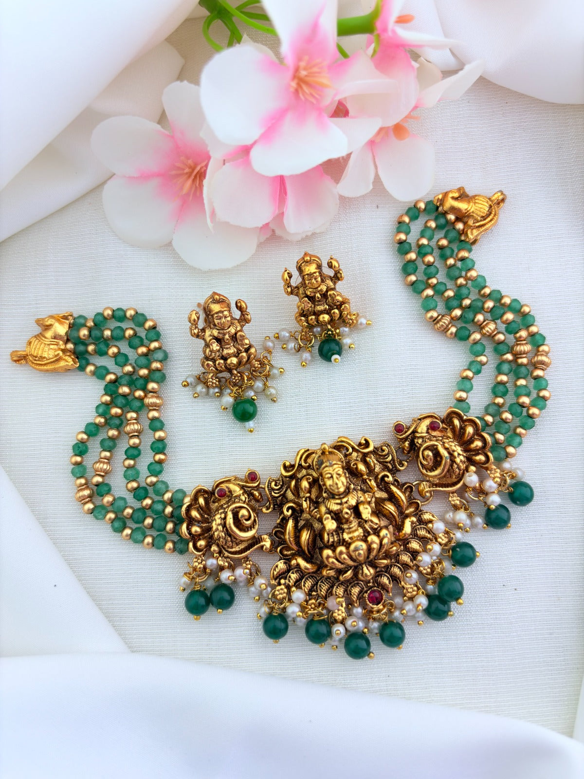 Premium matte finish Green beads  Lakshmi choker with matching earrings