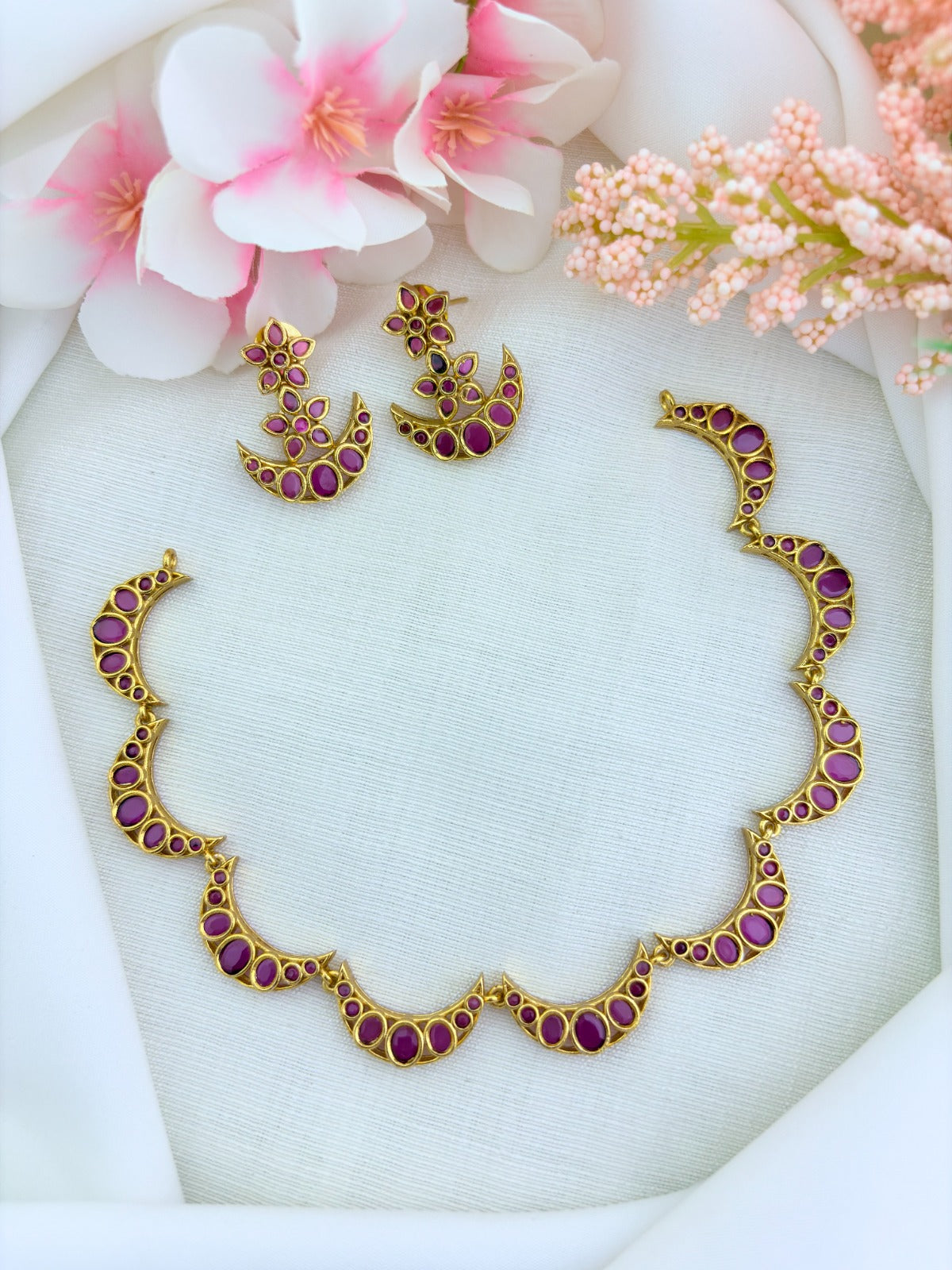 Stylish premium matte finish Half moon shaped necklace beautifully adorned with AD stones