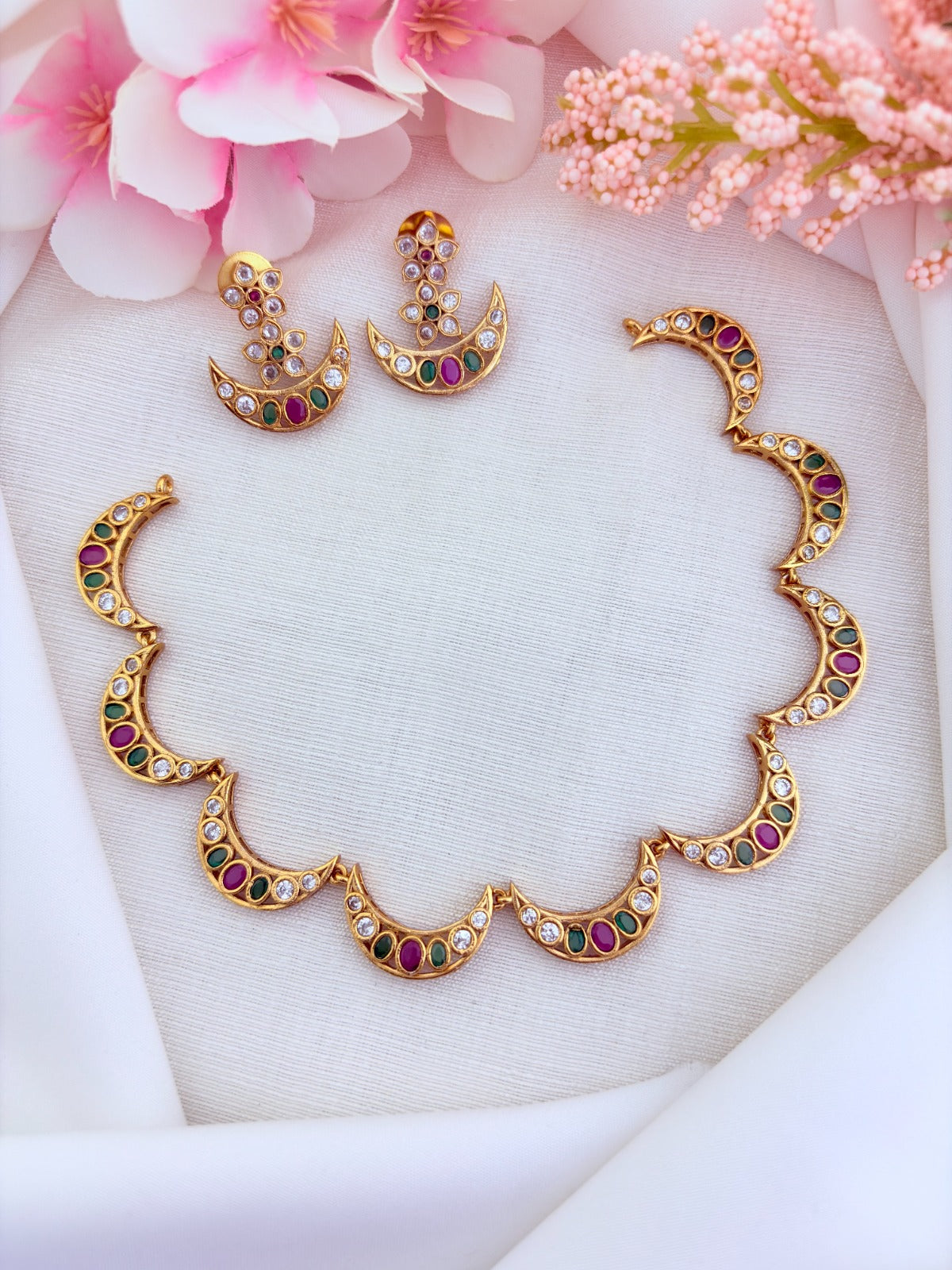 Stylish premium matte finish Half moon shaped necklace beautifully adorned with AD stones