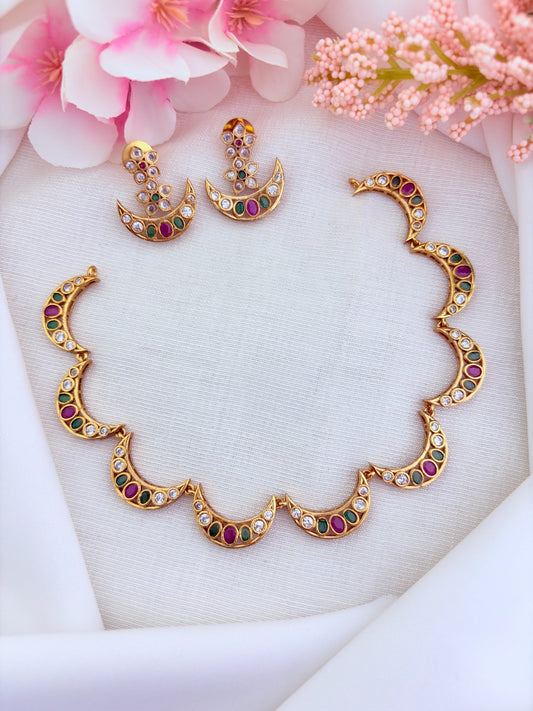 Stylish premium matte finish Half moon shaped necklace beautifully adorned with AD stones