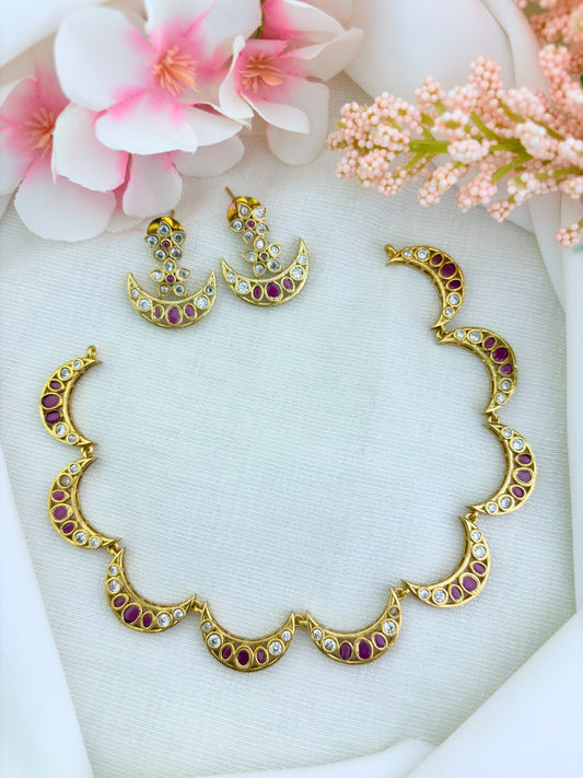 Stylish premium matte finish Half moon shaped necklace beautifully adorned with AD stones