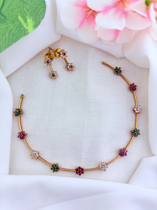 Premium matte finish floral pattern neckset adorned with classic AD stones and matching earrings