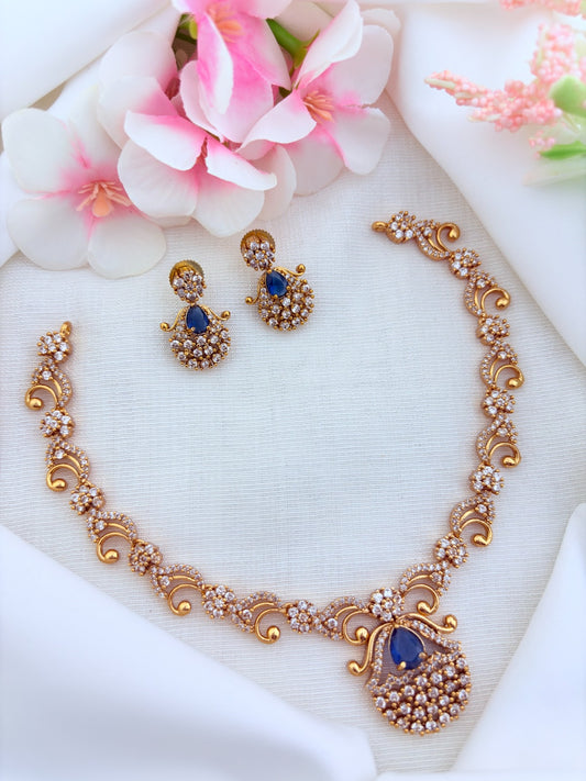 Elegant premium matte finish necklace and earrings adorned with classic AD stones