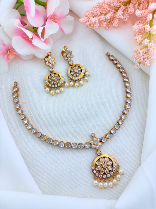 Heritage- inspired  attigai design AD stone necklace with modern elegance beautifully crafted with pearl drops